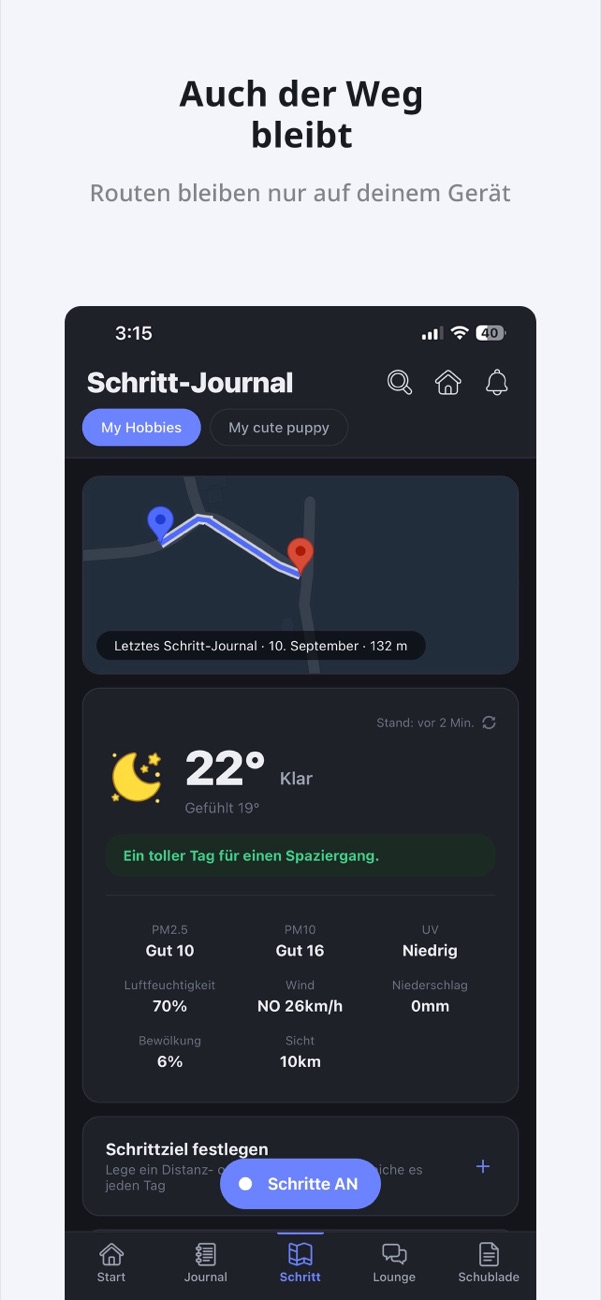 Eine Karte mit gegangener Route und Wetter-Briefing