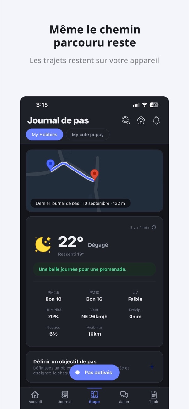 Une carte avec un trajet parcouru et un point météo