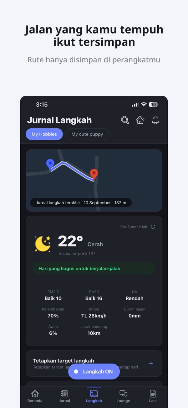 Peta dengan rute jalan kaki dan info cuaca