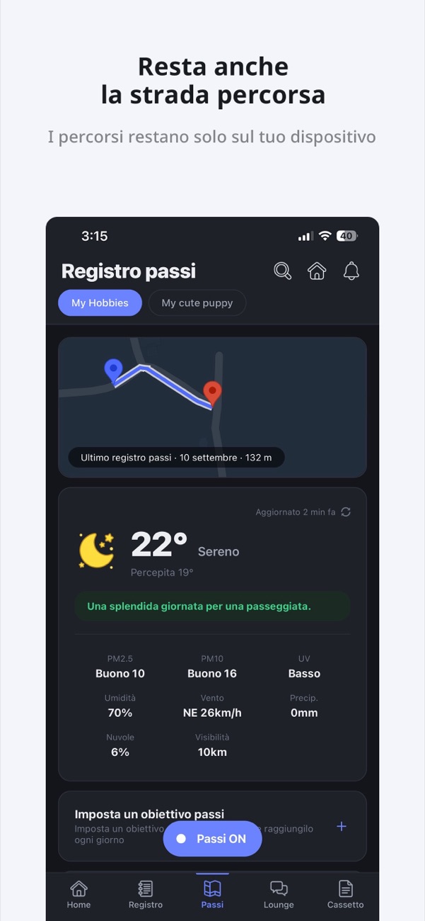 Una mappa con il percorso camminato e il briefing meteo