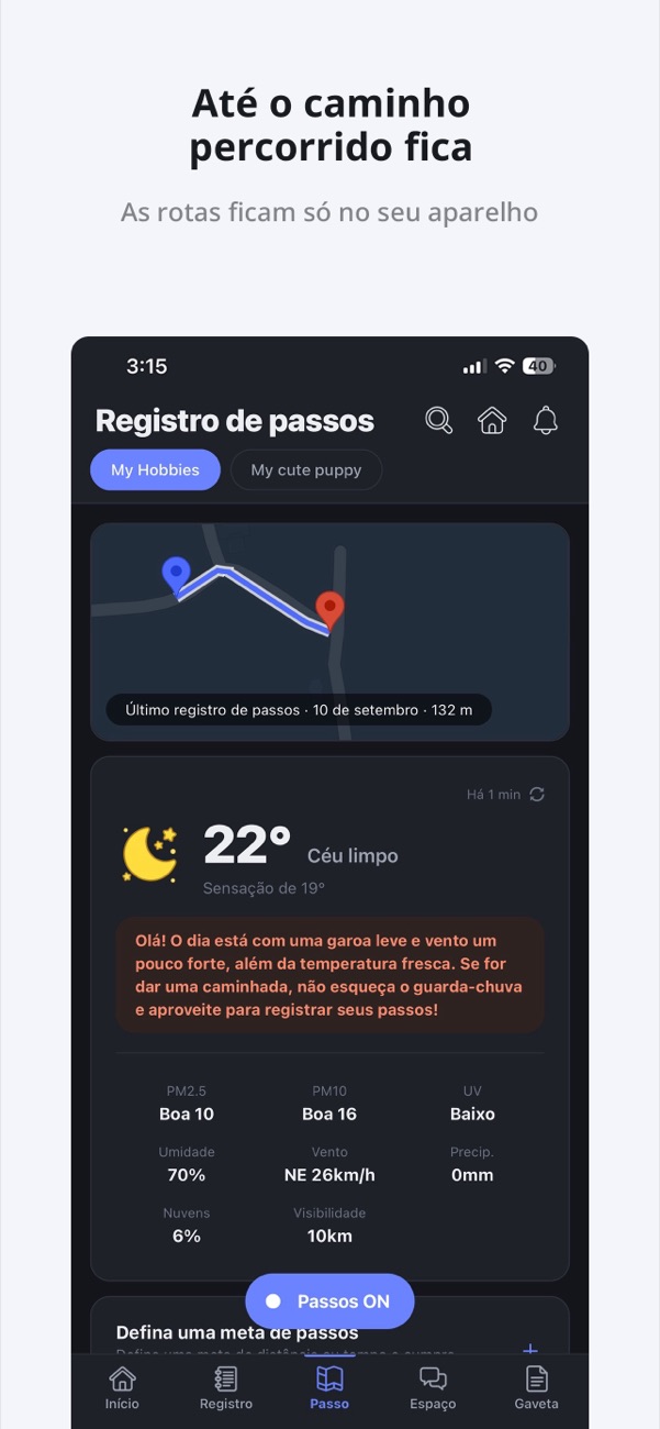 Um mapa com o trajeto percorrido e o boletim do tempo
