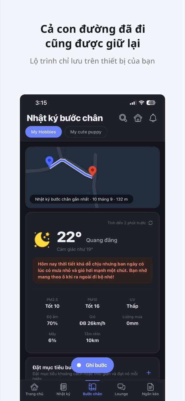Bản đồ có lộ trình đã đi và bản tin thời tiết