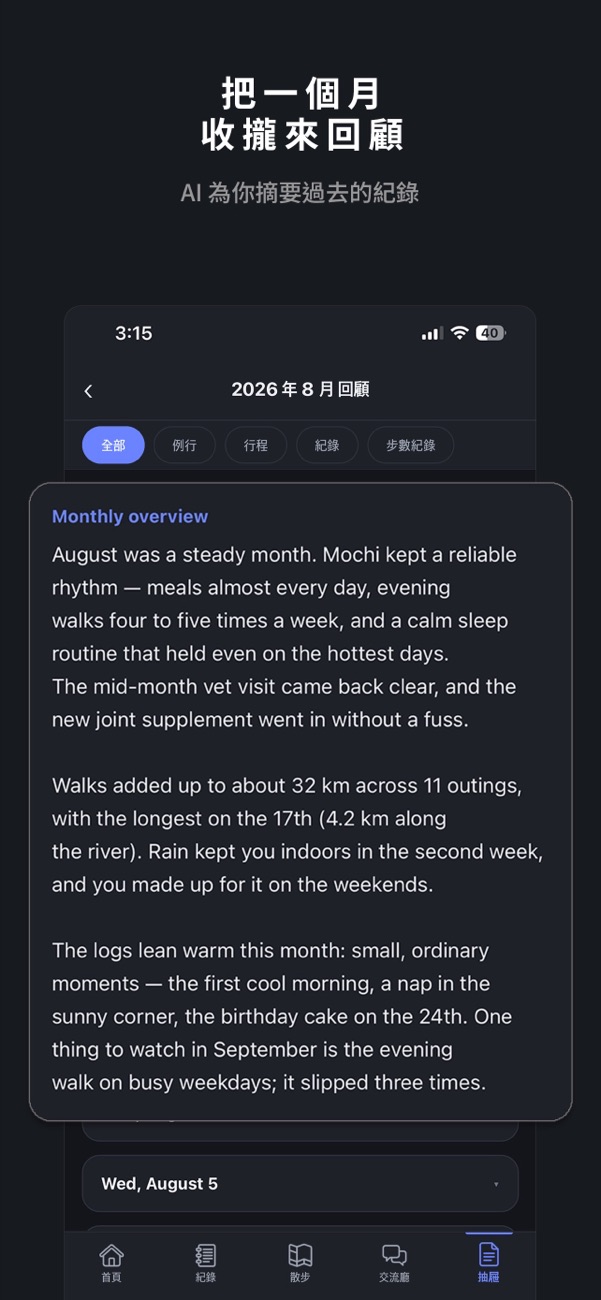 整理一個月記錄的 AI 回顧畫面